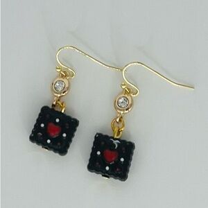 Black Square Bead with Red Heart Earrings